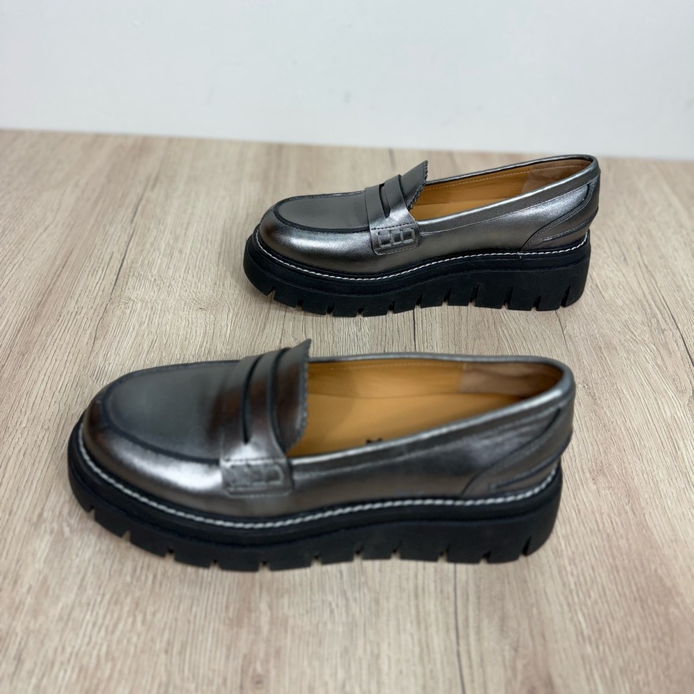 J/SLIDES NYC Tyler Leather Platform Loafers Metallic Gray Chunky Sole Sz 8 New